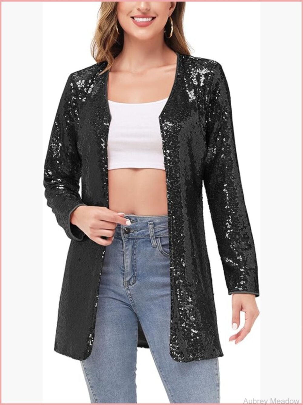 Sequin Open Front Blazer Jacket Sparkly Party Club Outerwear Long Sleeve